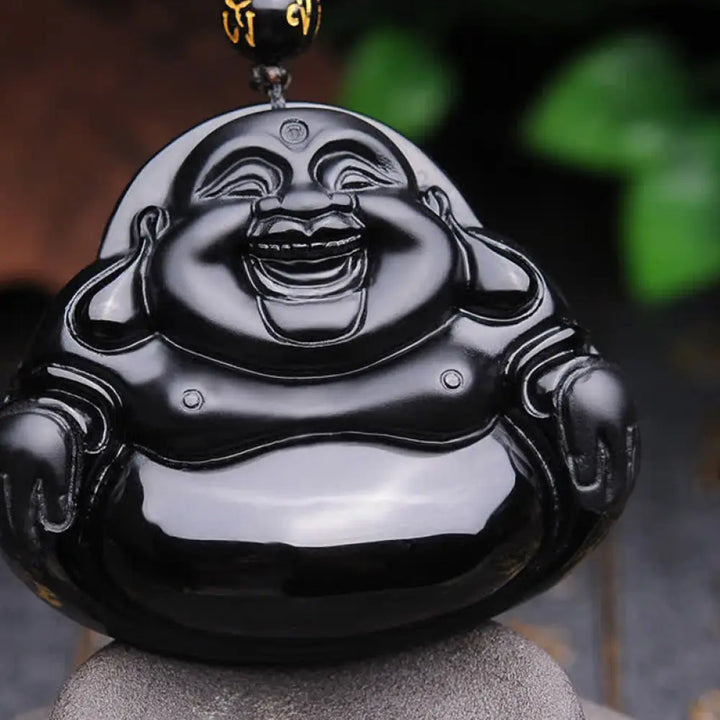 BWOOOH Laughing Buddha black obsidian transformation protection necklace pendant 45cm