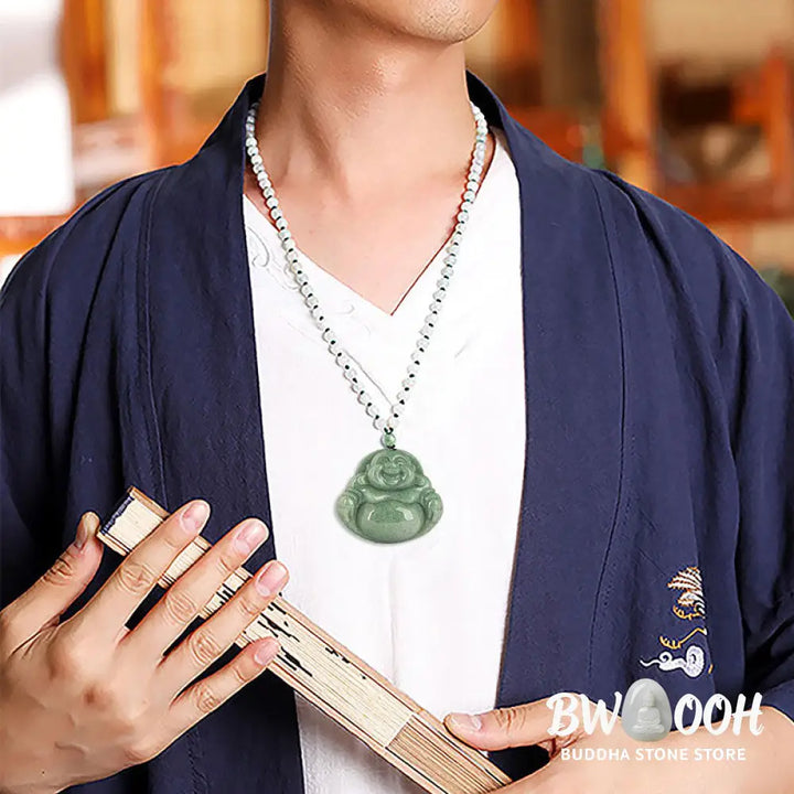 Buddha Stones Laughing Buddha Cyan Jade Harmony Necklace String Bead Pendant - BWOOOH - Cyan Jade - Necklaces &amp; Pendants