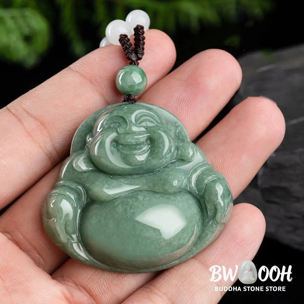 Buddha Stones Laughing Buddha Cyan Jade Harmony Necklace String Bead Pendant - BWOOOH - Cyan Jade - Necklaces &amp; Pendants