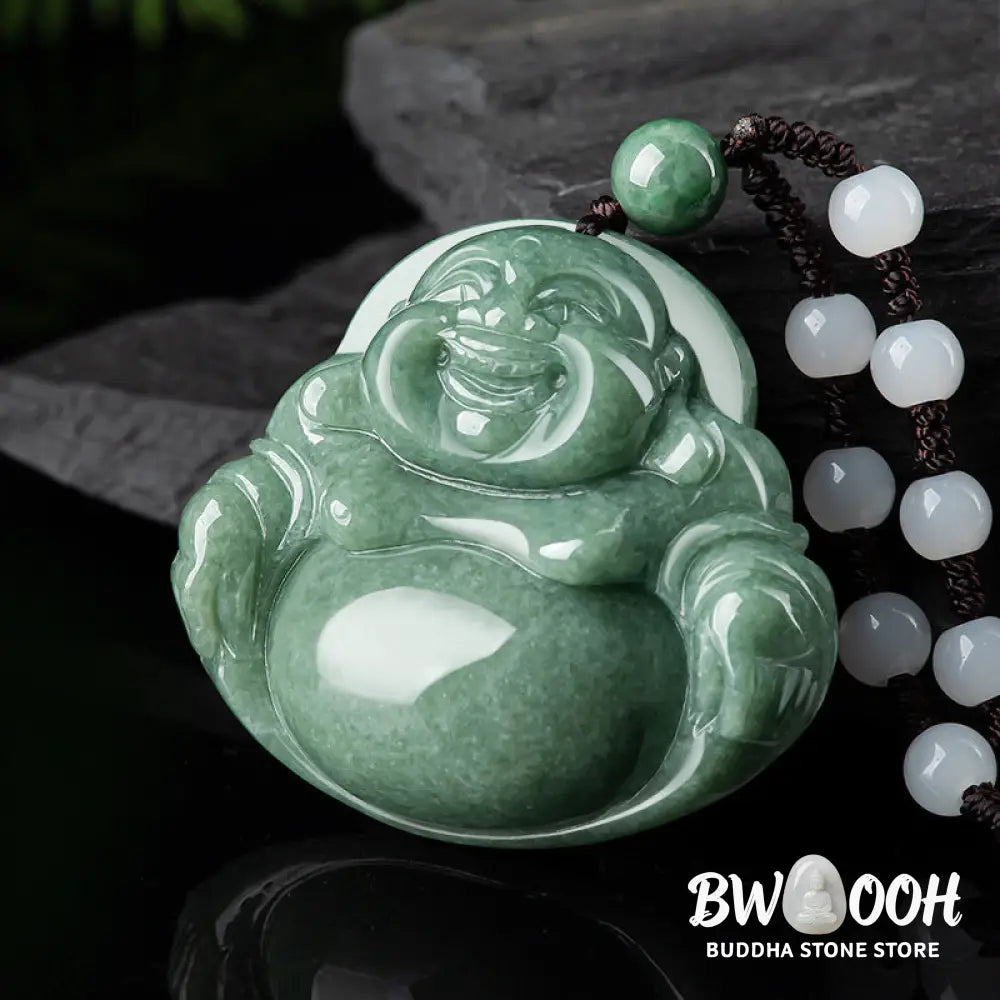Buddha Stones Laughing Buddha Cyan Jade Harmony Necklace String Bead Pendant - BWOOOH - Cyan Jade - Necklaces &amp; Pendants