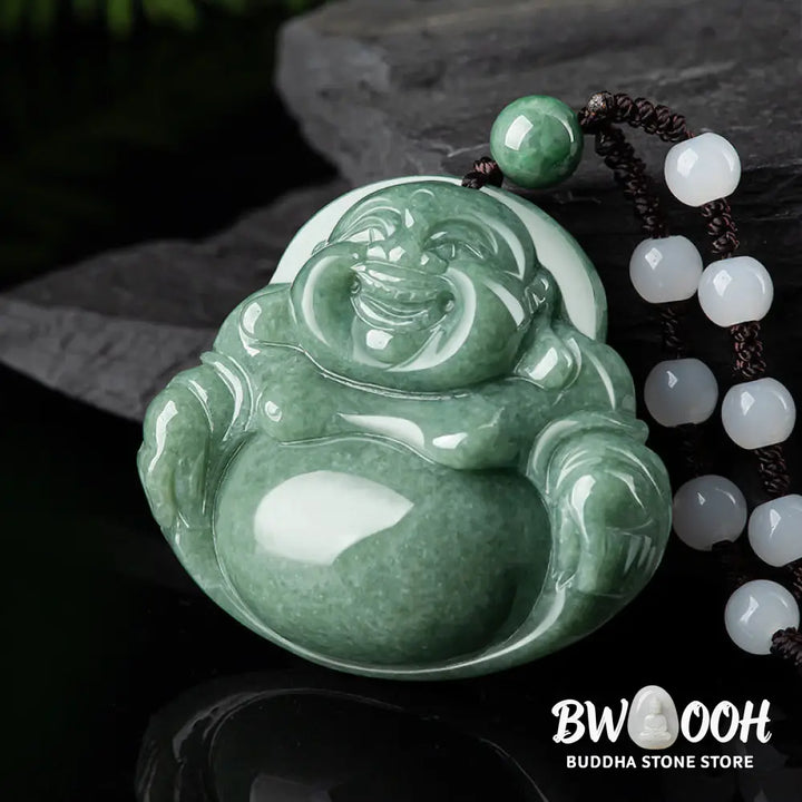 Buddha Stones Laughing Buddha Cyan Jade Harmony Necklace String Bead Pendant - BWOOOH - Cyan Jade - Necklaces &amp; Pendants