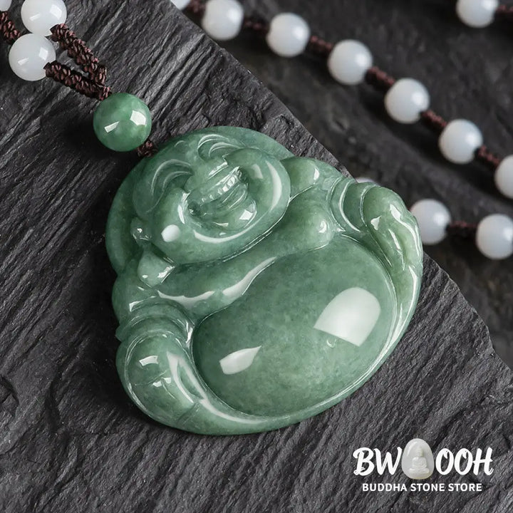 Buddha Stones Laughing Buddha Cyan Jade Harmony Necklace String Bead Pendant - BWOOOH - Cyan Jade - Necklaces &amp; Pendants