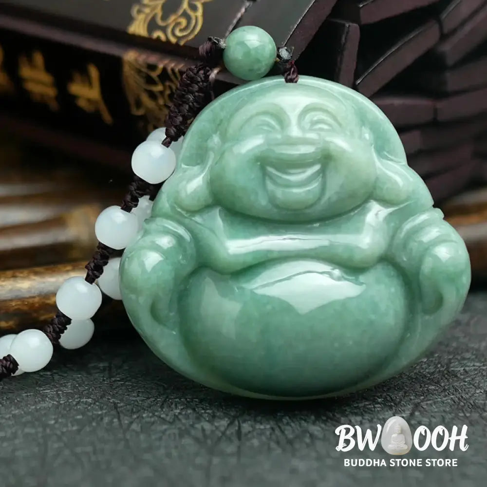 Buddha Stones Laughing Buddha Cyan Jade Harmony Necklace String Bead Pendant - BWOOOH - Cyan Jade - Necklaces & Pendants