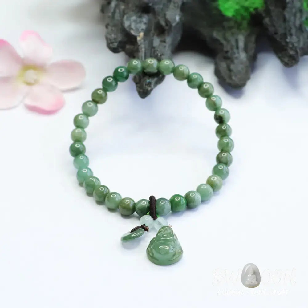 Buddha Stones Laughing Buddha Cyan Jade Healing Bracelet - BWOOOH - Cyan Jade(Wrist Circumference: 14-15.5cm) - Bracelet