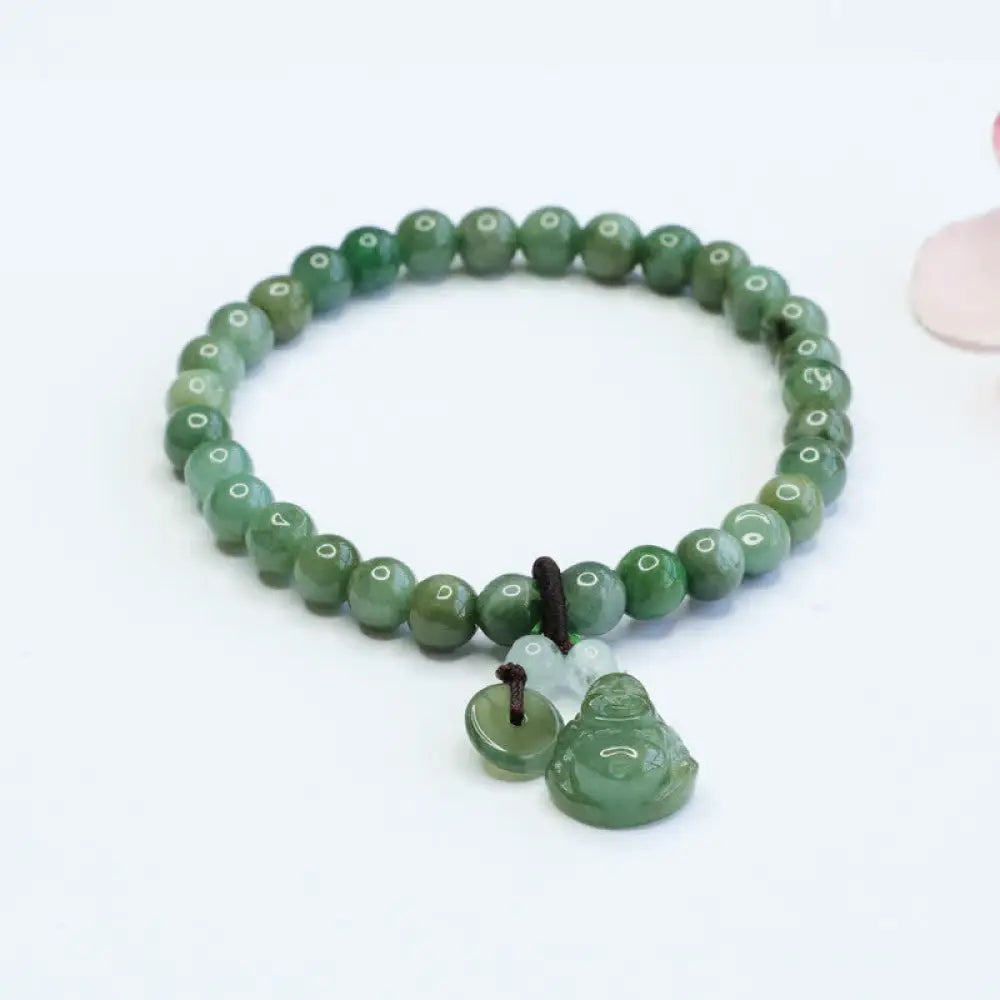 Buddha Stones Laughing Buddha Cyan Jade Healing Bracelet - BWOOOH - Cyan Jade(Wrist Circumference: 14-15.5cm) - Bracelet