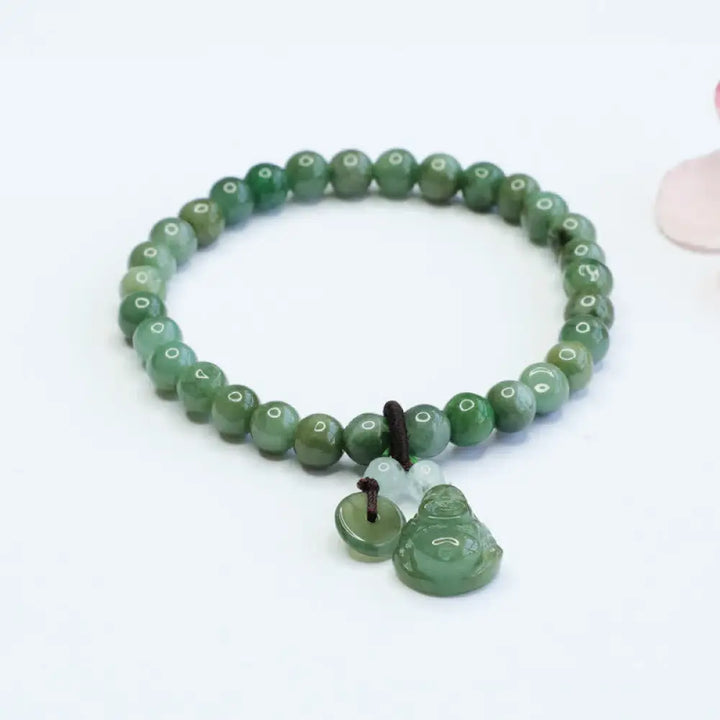 Buddha Stones Laughing Buddha Cyan Jade Healing Bracelet - BWOOOH - Cyan Jade(Wrist Circumference: 14-15.5cm) - Bracelet