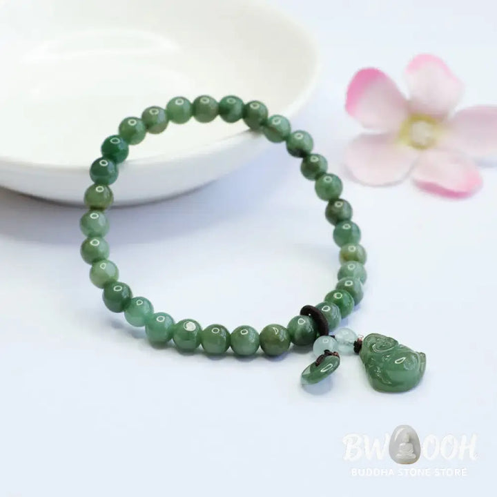 Buddha Stones Laughing Buddha Cyan Jade Healing Bracelet - BWOOOH - Cyan Jade(Wrist Circumference: 14-15.5cm) - Bracelet