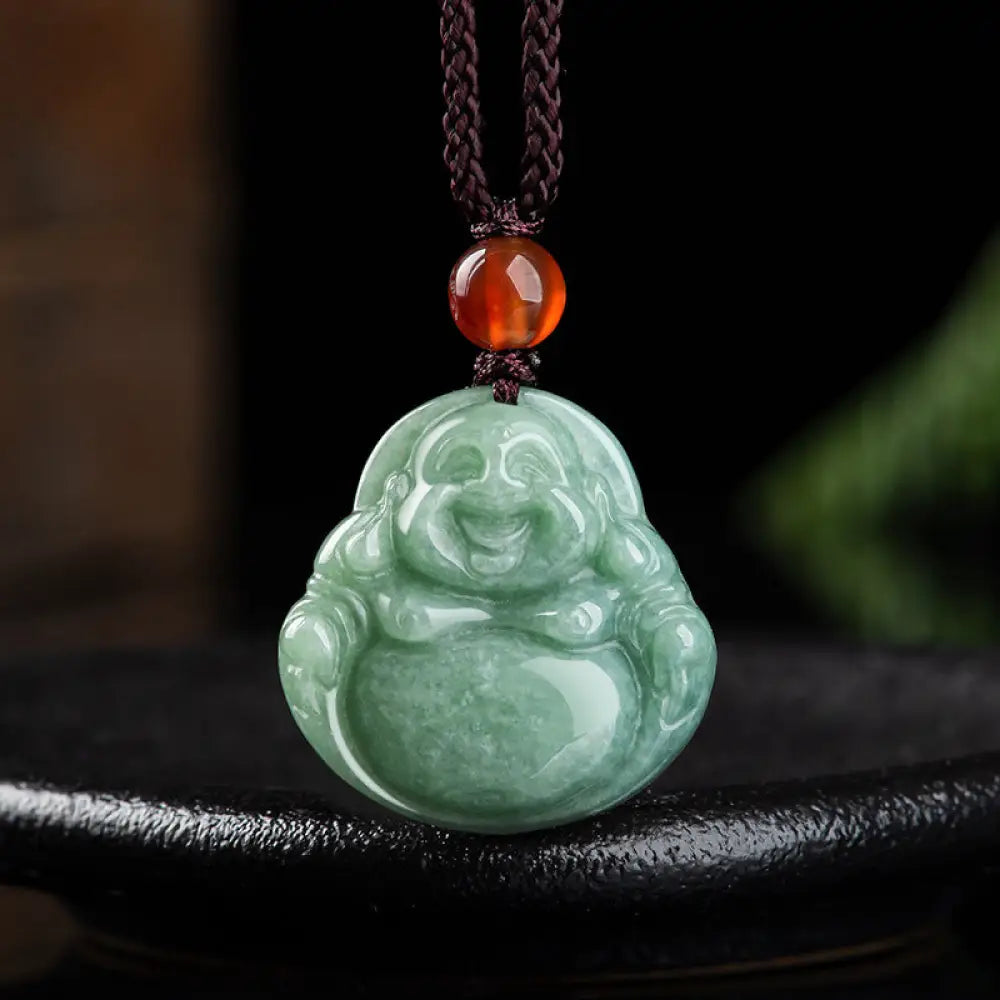 BWOOOH Laughing Buddha cyan jade success necklace string pendant 45-50cm feng shui jewelry