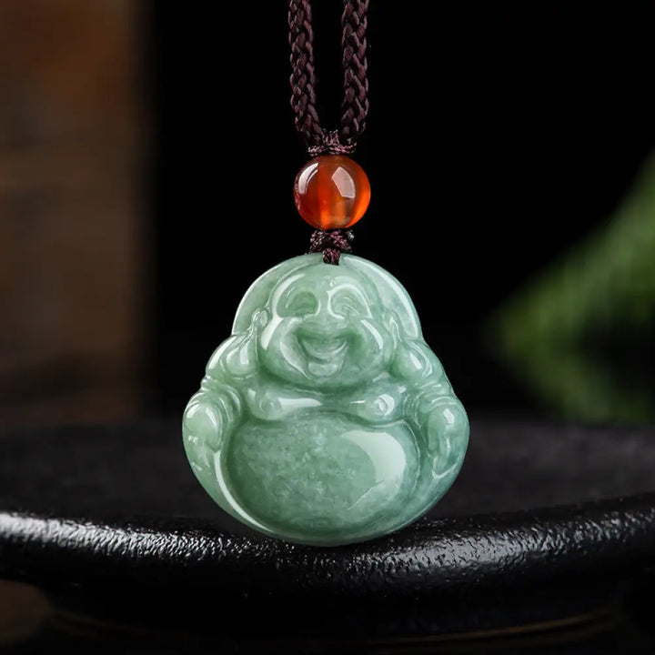 BWOOOH Laughing Buddha cyan jade success necklace string pendant 45-50cm feng shui jewelry