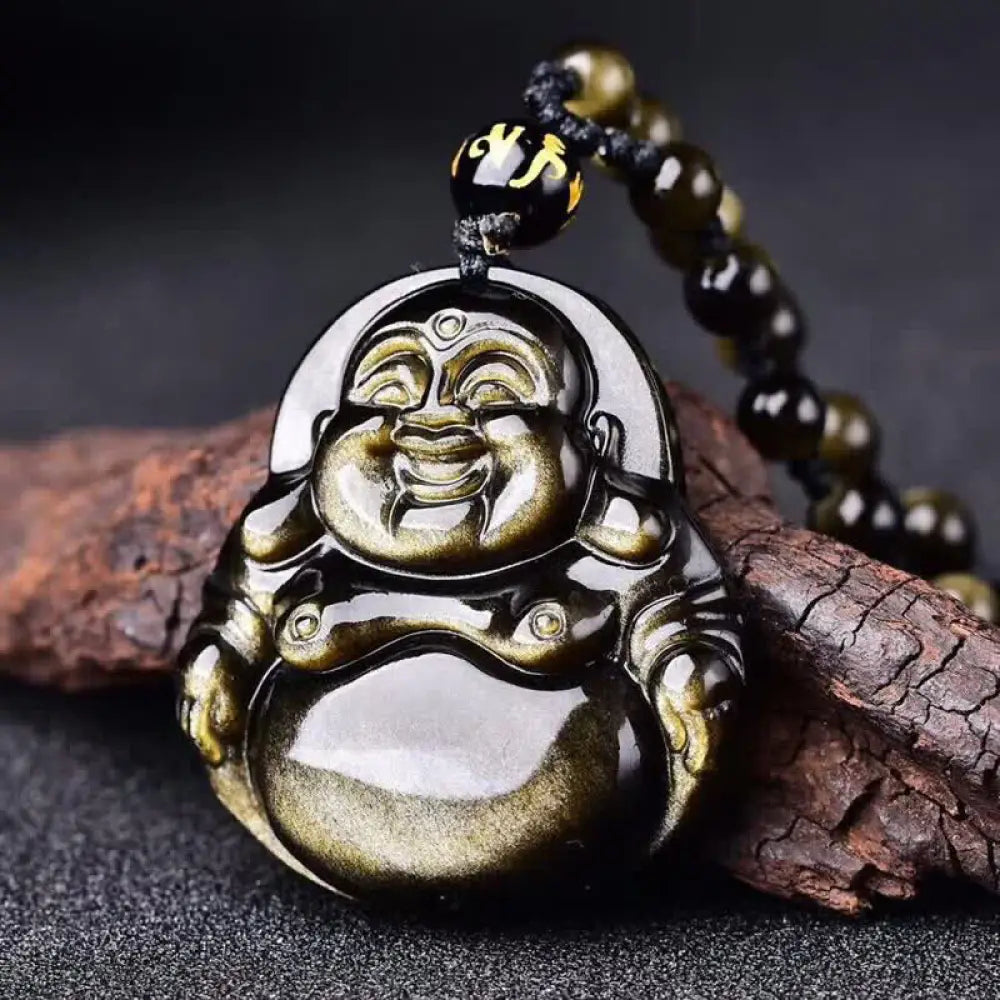 BWOOOH Laughing Buddha carved Gold Sheen Obsidian pendant necklace for wealth and abundance