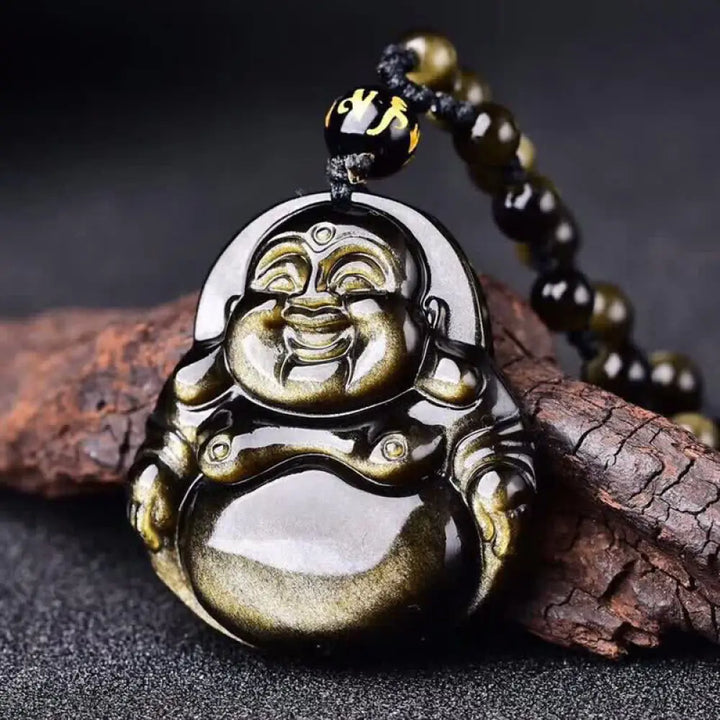 BWOOOH Laughing Buddha carved Gold Sheen Obsidian pendant necklace for wealth and abundance