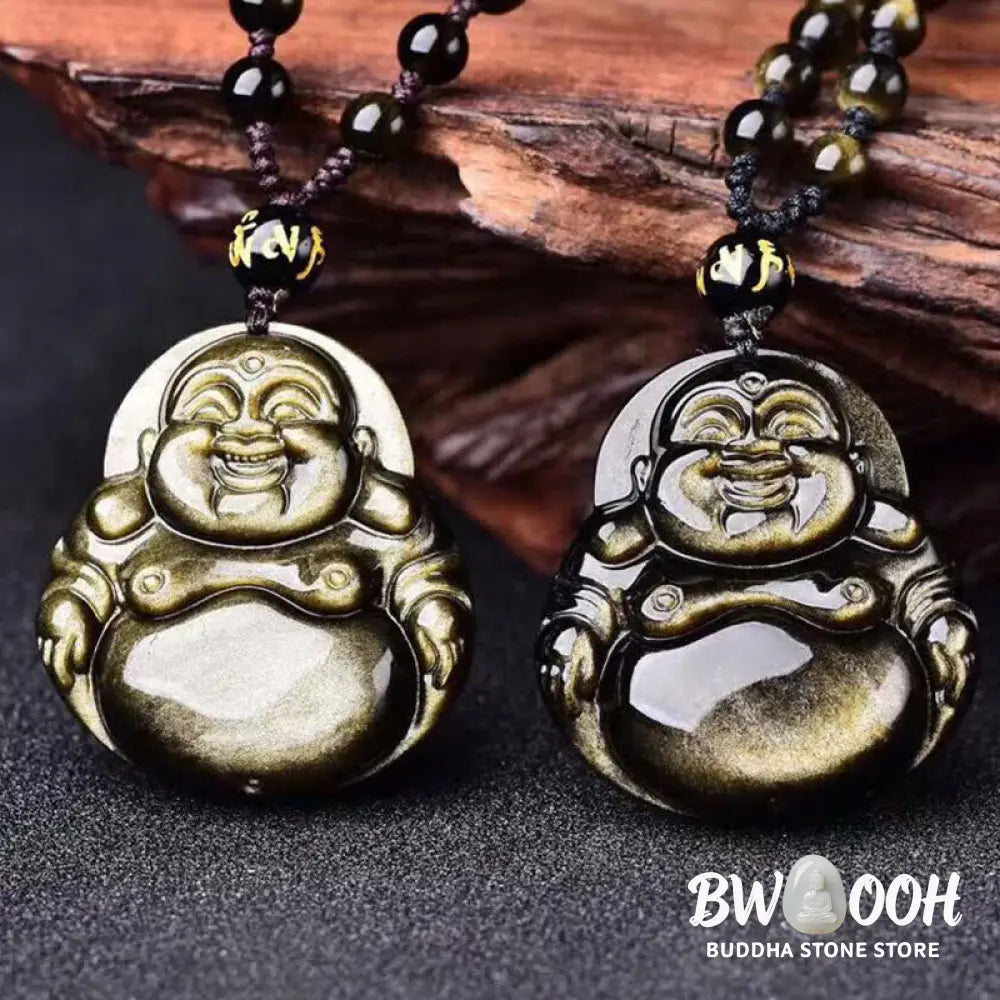 Buddha Stones Laughing Buddha Gold Sheen Obsidian Wealth Necklace Pendant - BWOOOH - Necklaces &amp; Pendants