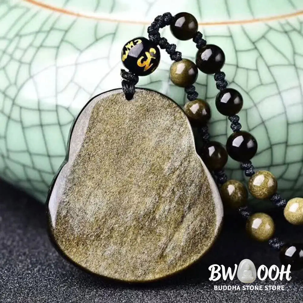 Buddha Stones Laughing Buddha Gold Sheen Obsidian Wealth Necklace Pendant - BWOOOH - Necklaces &amp; Pendants