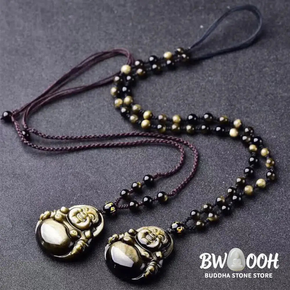 Buddha Stones Laughing Buddha Gold Sheen Obsidian Wealth Necklace Pendant - BWOOOH - Necklaces &amp; Pendants