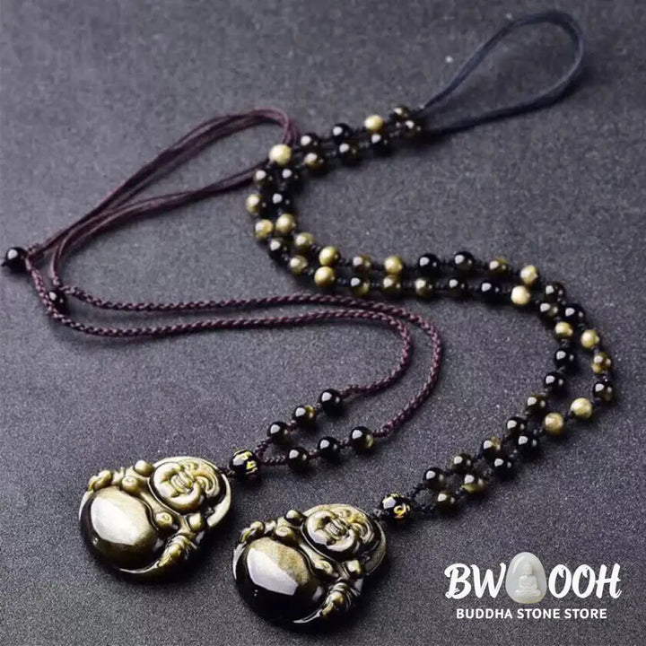 Buddha Stones Laughing Buddha Gold Sheen Obsidian Wealth Necklace Pendant - BWOOOH - Necklaces &amp; Pendants