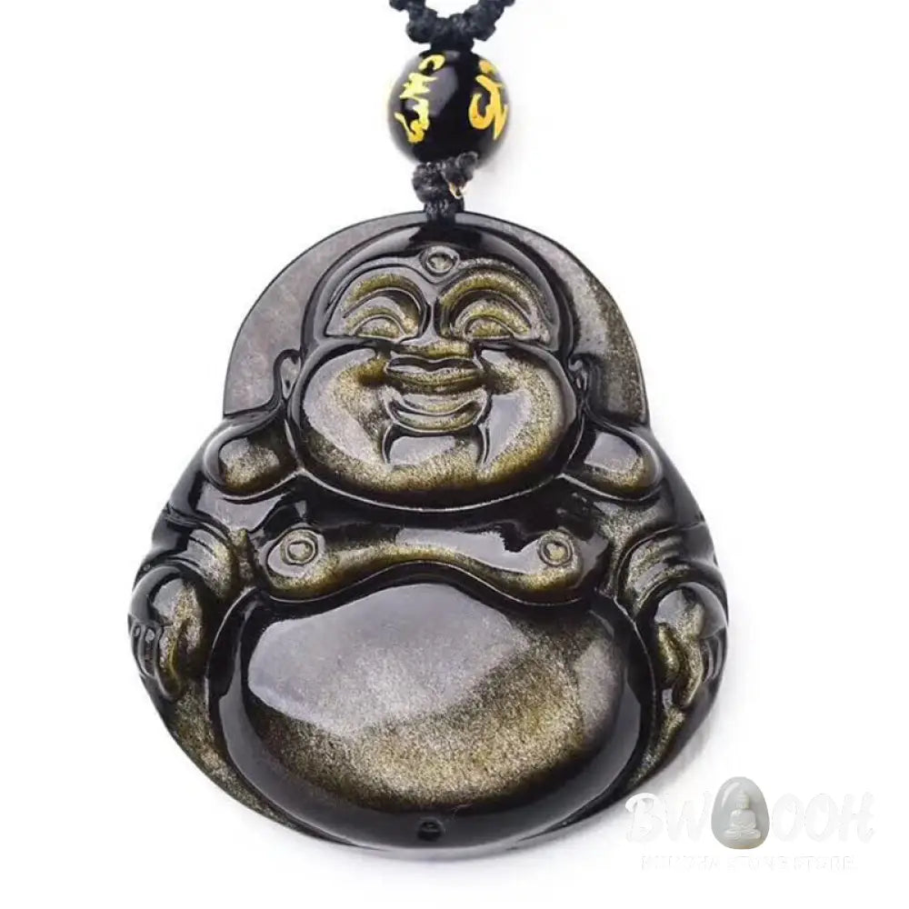Buddha Stones Laughing Buddha Gold Sheen Obsidian Wealth Necklace Pendant - BWOOOH - Necklaces &amp; Pendants