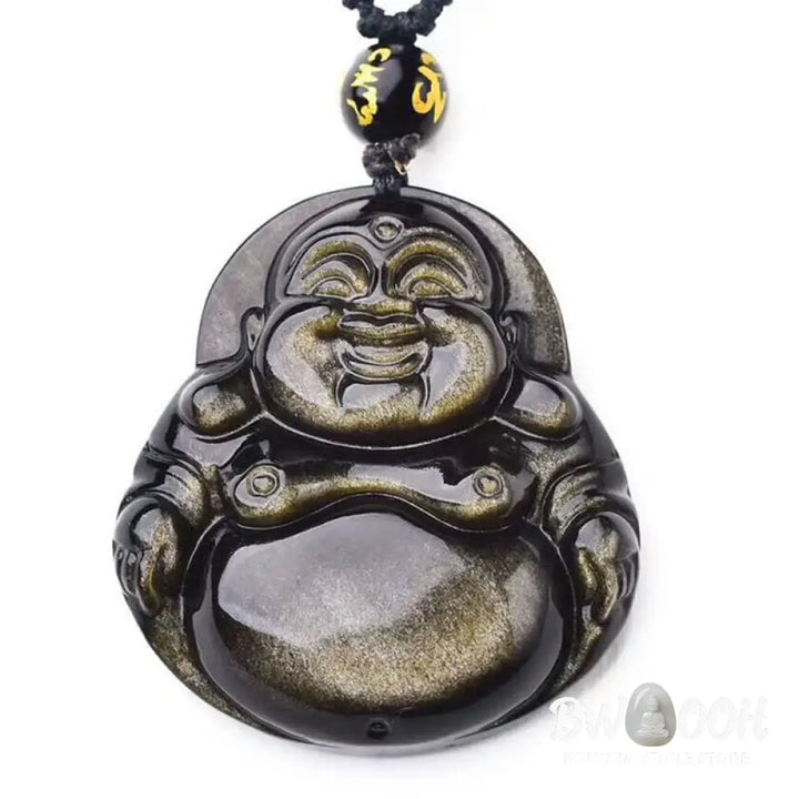 Buddha Stones Laughing Buddha Gold Sheen Obsidian Wealth Necklace Pendant - BWOOOH - Necklaces &amp; Pendants