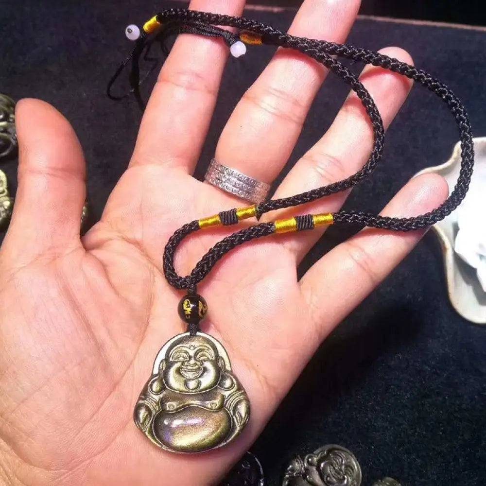 Buddha Stones Laughing Buddha Gold Sheen Obsidian Wealth Necklace Pendant - BWOOOH - String - Necklaces &amp; Pendants