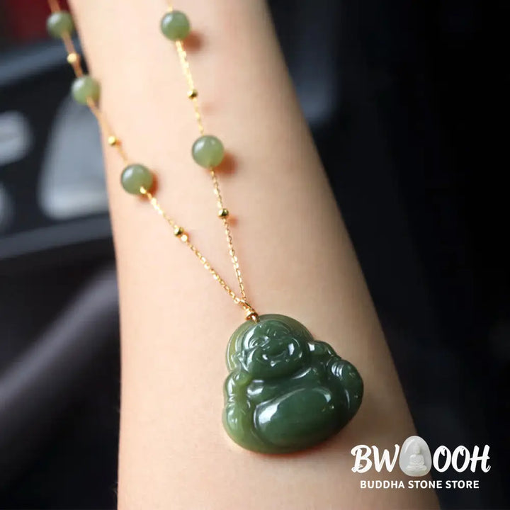 Buddha Stones Laughing Buddha Hetian Jade Luck Necklace Bead Chain Pendant - BWOOOH - Jade (Prosperity ♥ Abundance)