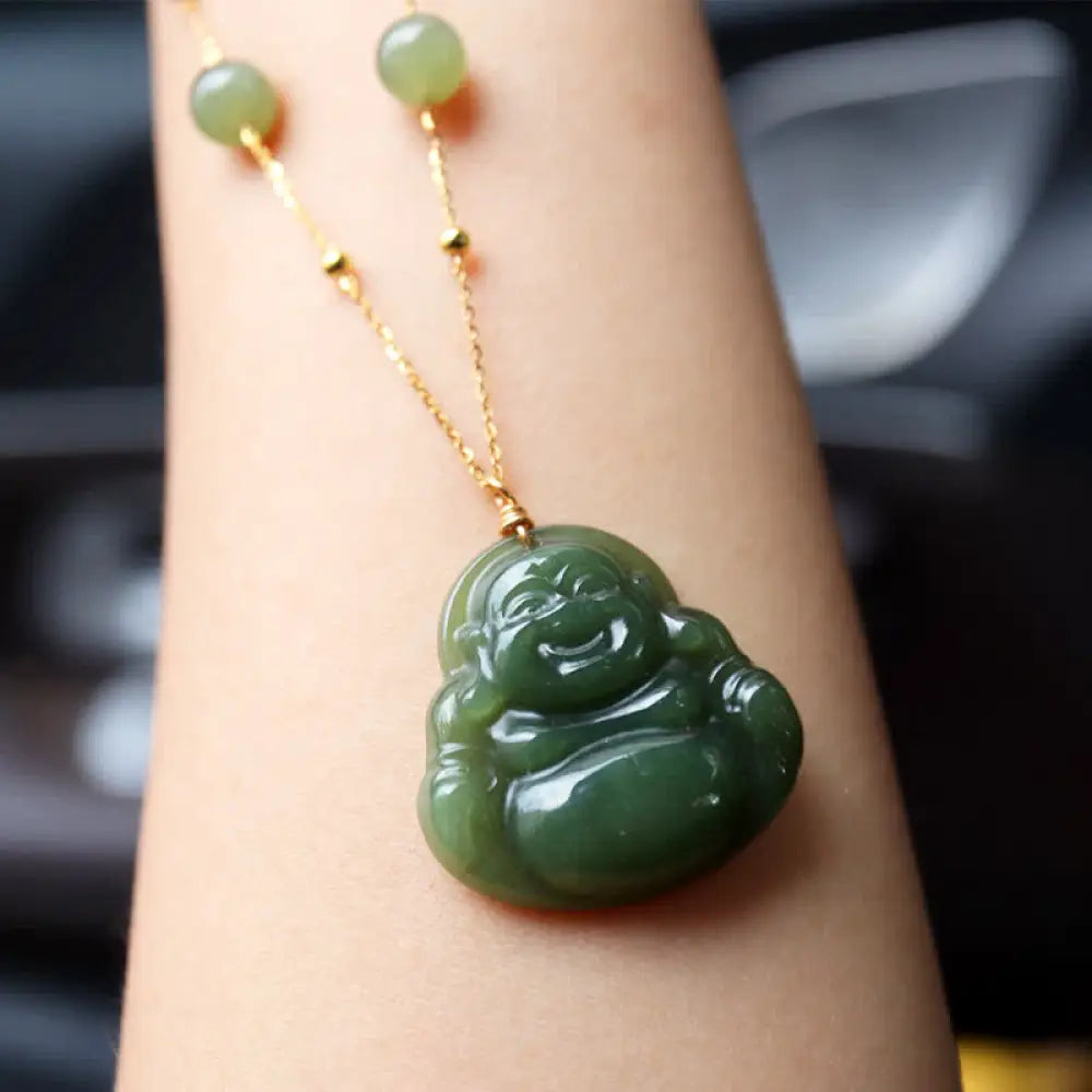 BWOOOH Laughing Buddha Hetian Jade Luck Necklace Bead Chain Pendant