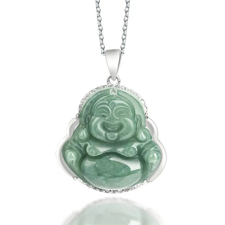 BWOOOH laughing Buddha jade abundance necklace titanium steel chain pendant