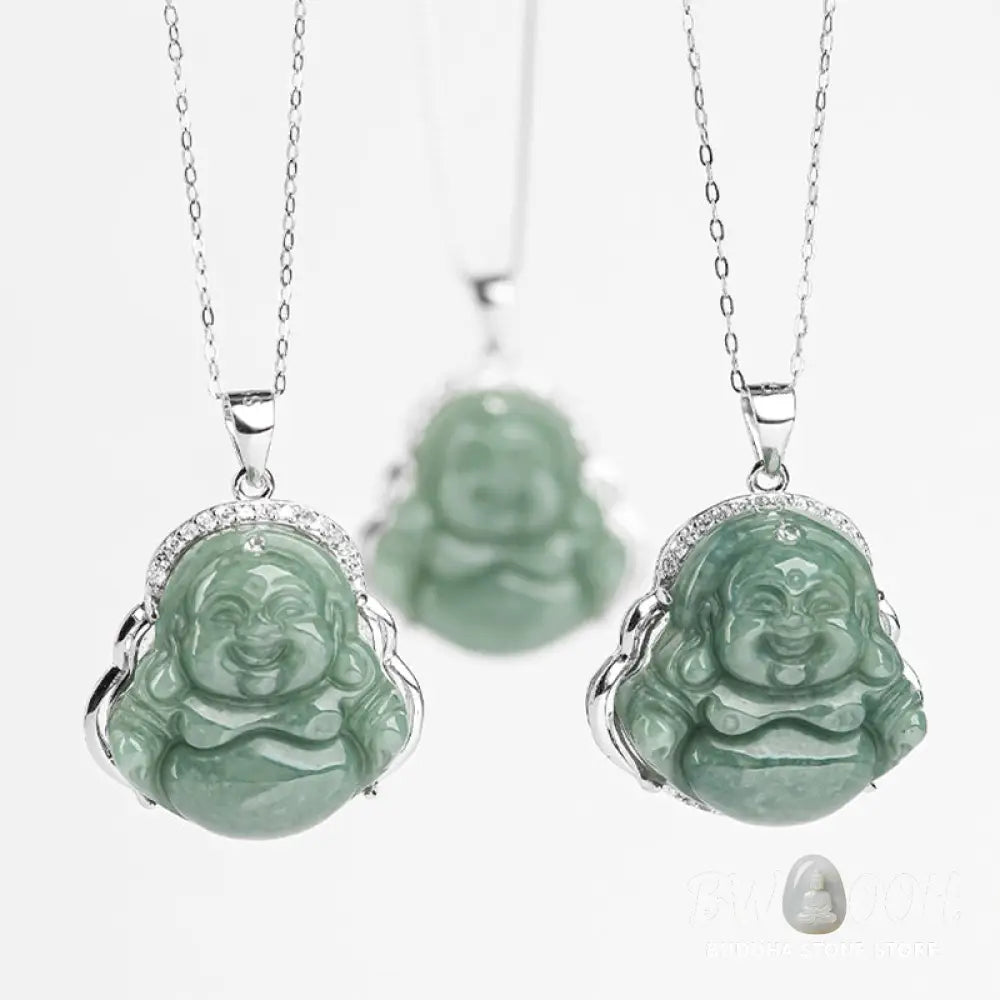 Buddha Stones Laughing Buddha Jade Abundance Necklace Titanium Steel Chain Pendant - BWOOOH - Jade (Prosperity ♥