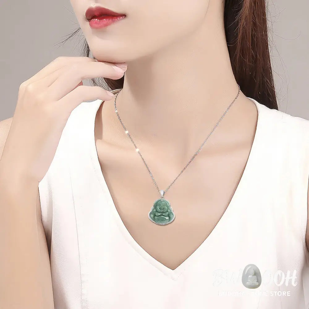Buddha Stones Laughing Buddha Jade Abundance Necklace Titanium Steel Chain Pendant - BWOOOH - Jade (Prosperity ♥