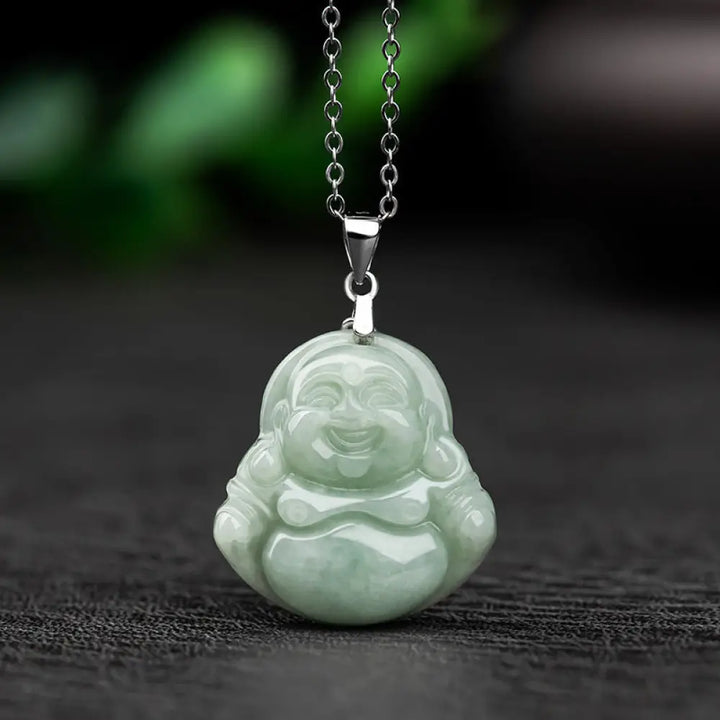 BWOOOH Laughing Buddha Jade pendant necklace (29x20x5.8mm) with protective titanium steel chain, symbolizing prosperity, clear mind, and spiritual serenity.