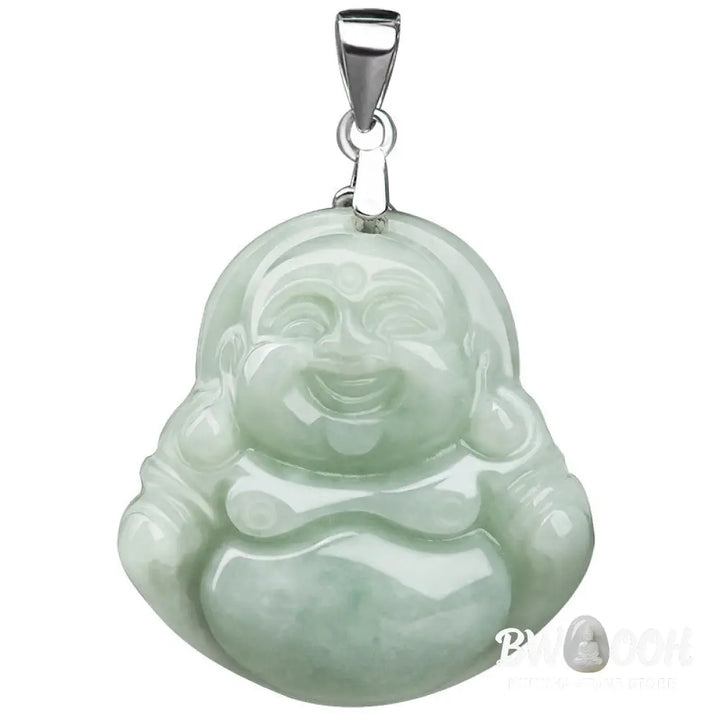 BWOOOH Laughing Buddha Jade pendant necklace (29x20x5.8mm) with protective titanium steel chain, symbolizing prosperity, clear mind, and spiritual serenity. - View 8