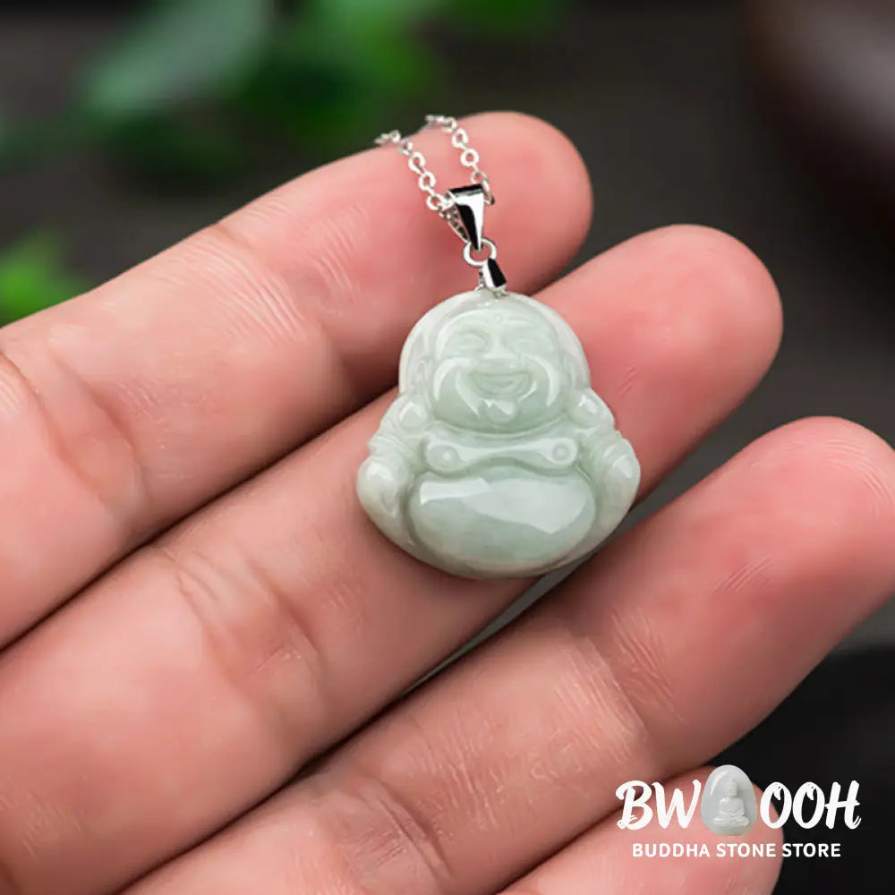 BWOOOH Laughing Buddha Jade pendant necklace (29x20x5.8mm) with protective titanium steel chain, symbolizing prosperity, clear mind, and spiritual serenity. - View 5