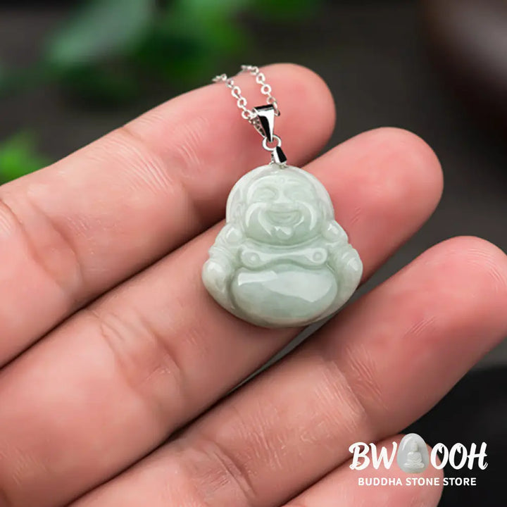 BWOOOH Laughing Buddha Jade pendant necklace (29x20x5.8mm) with protective titanium steel chain, symbolizing prosperity, clear mind, and spiritual serenity. - View 5