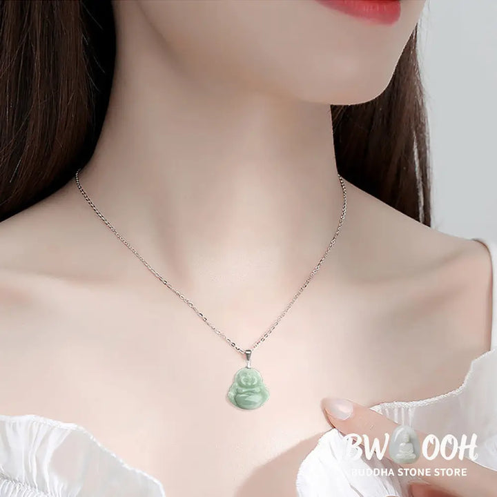 BWOOOH Laughing Buddha Jade pendant necklace (29x20x5.8mm) with protective titanium steel chain, symbolizing prosperity, clear mind, and spiritual serenity. - View 3