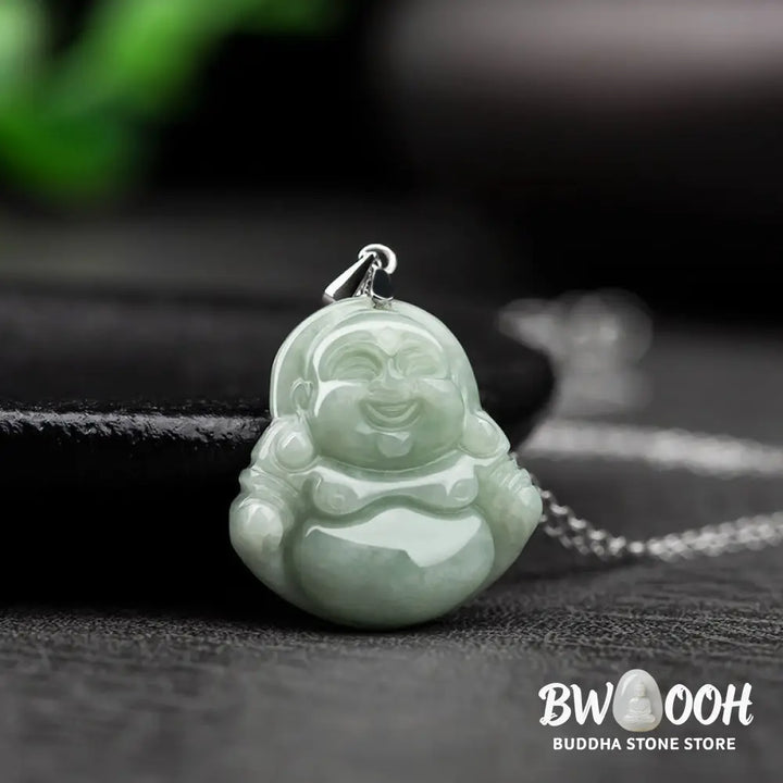 BWOOOH Laughing Buddha Jade pendant necklace (29x20x5.8mm) with protective titanium steel chain, symbolizing prosperity, clear mind, and spiritual serenity. - View 2
