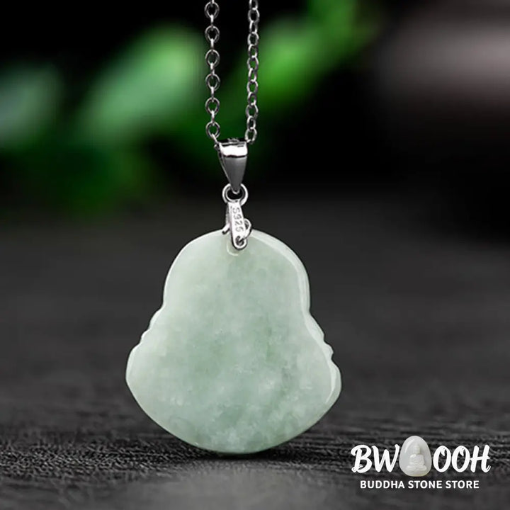 BWOOOH Laughing Buddha Jade pendant necklace (29x20x5.8mm) with protective titanium steel chain, symbolizing prosperity, clear mind, and spiritual serenity. - View 7