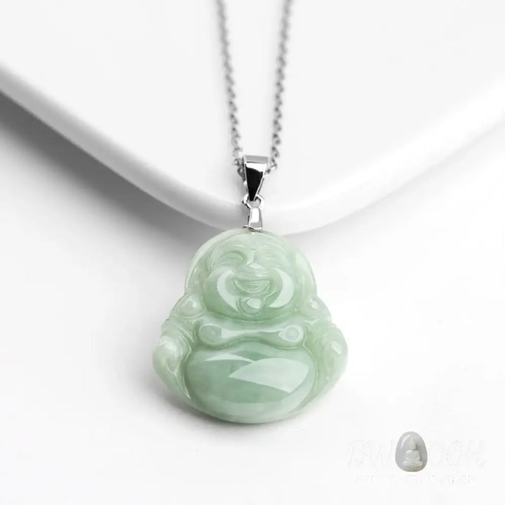 BWOOOH Laughing Buddha Jade pendant necklace (29x20x5.8mm) with protective titanium steel chain, symbolizing prosperity, clear mind, and spiritual serenity. - View 4