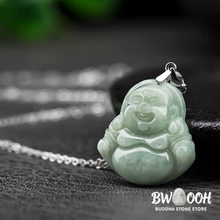 BWOOOH Laughing Buddha Jade pendant necklace (29x20x5.8mm) with protective titanium steel chain, symbolizing prosperity, clear mind, and spiritual serenity. - View 6