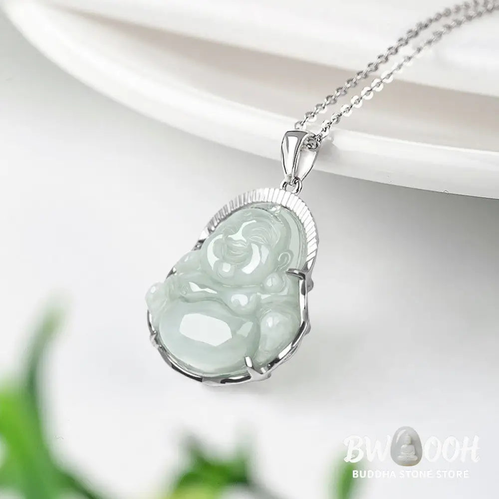 Buddha Stones Laughing Buddha Jade Luck Calm Titanium Steel Chain Necklace Pendant - BWOOOH - Jade - Necklaces &amp;
