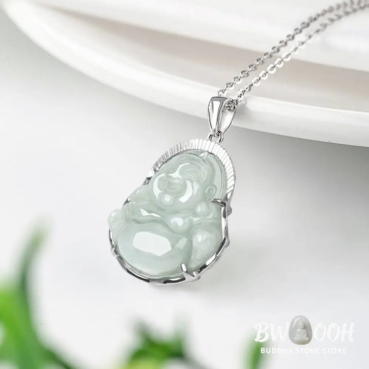 Buddha Stones Laughing Buddha Jade Luck Calm Titanium Steel Chain Necklace Pendant - BWOOOH - Jade - Necklaces &amp;