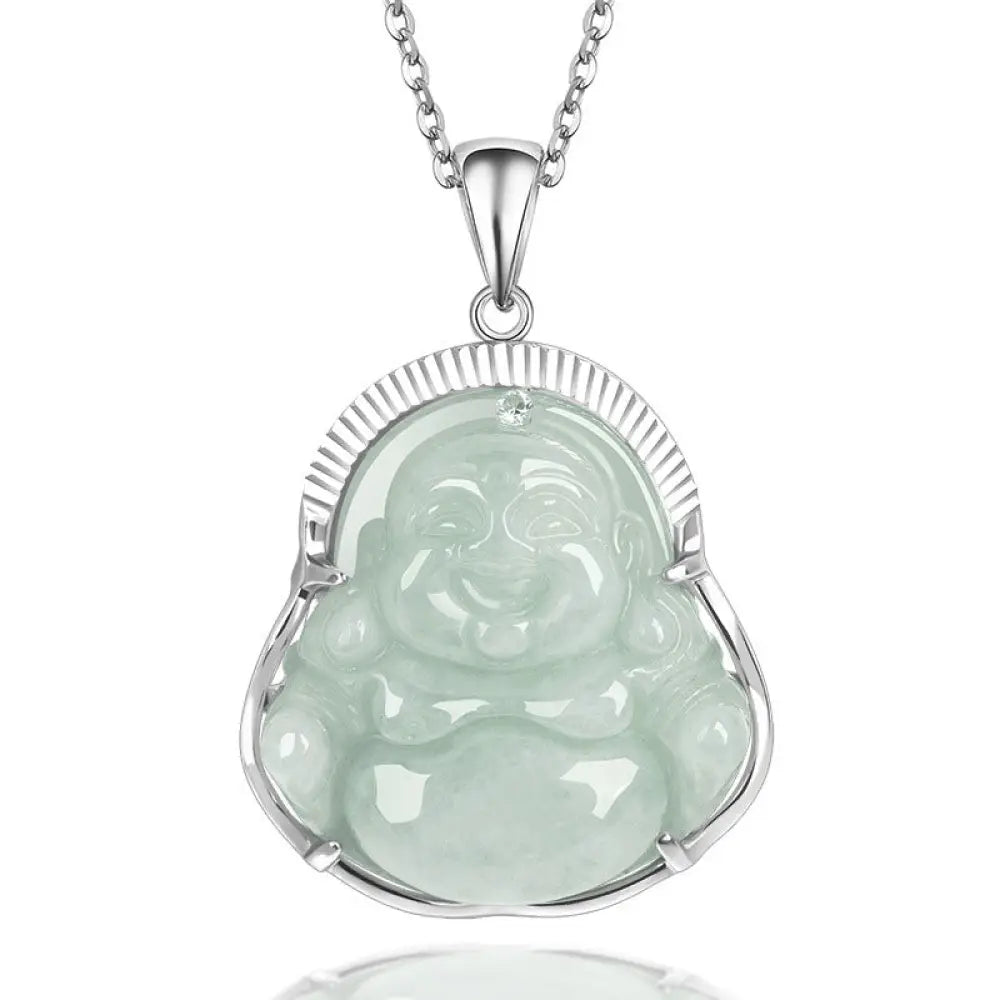 BWOOOH Laughing Buddha jade pendant on titanium steel chain necklace — jade necklace for luck prosperity and calm feng shui jewelry