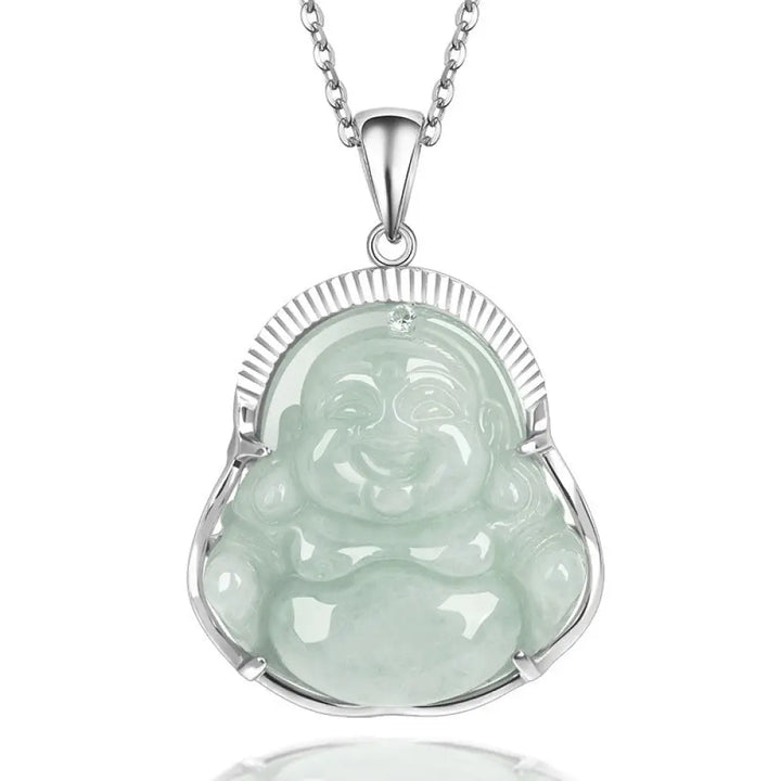 BWOOOH Laughing Buddha jade pendant on titanium steel chain necklace — jade necklace for luck prosperity and calm feng shui jewelry
