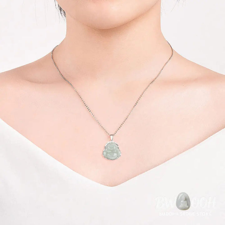 Buddha Stones Laughing Buddha Jade Luck Calm Titanium Steel Chain Necklace Pendant - BWOOOH - Jade - Necklaces &amp;