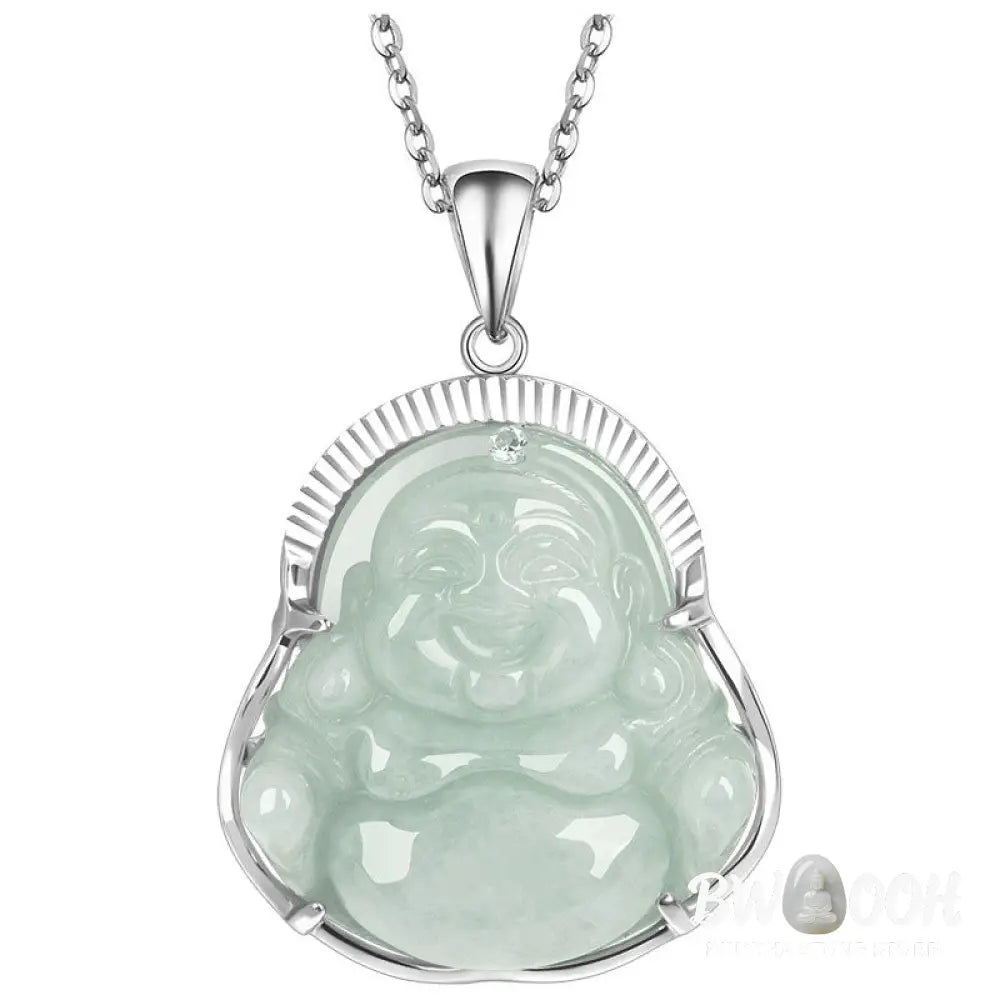 Buddha Stones Laughing Buddha Jade Luck Calm Titanium Steel Chain Necklace Pendant - BWOOOH - Jade - Necklaces &amp;