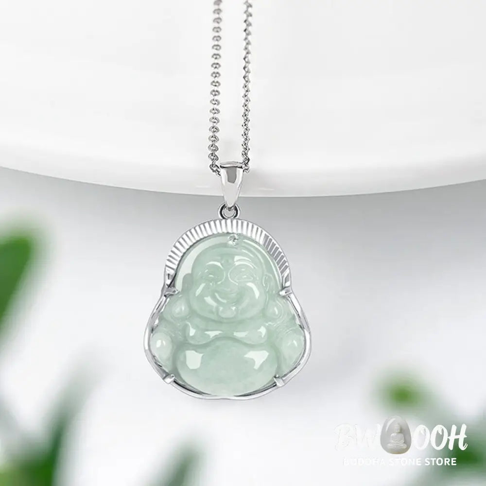 Buddha Stones Laughing Buddha Jade Luck Calm Titanium Steel Chain Necklace Pendant - BWOOOH - Jade - Necklaces &
