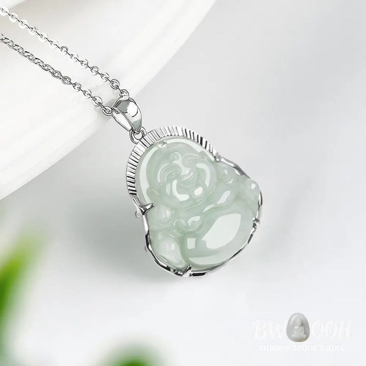Buddha Stones Laughing Buddha Jade Luck Calm Titanium Steel Chain Necklace Pendant - BWOOOH - Jade - Necklaces &amp;