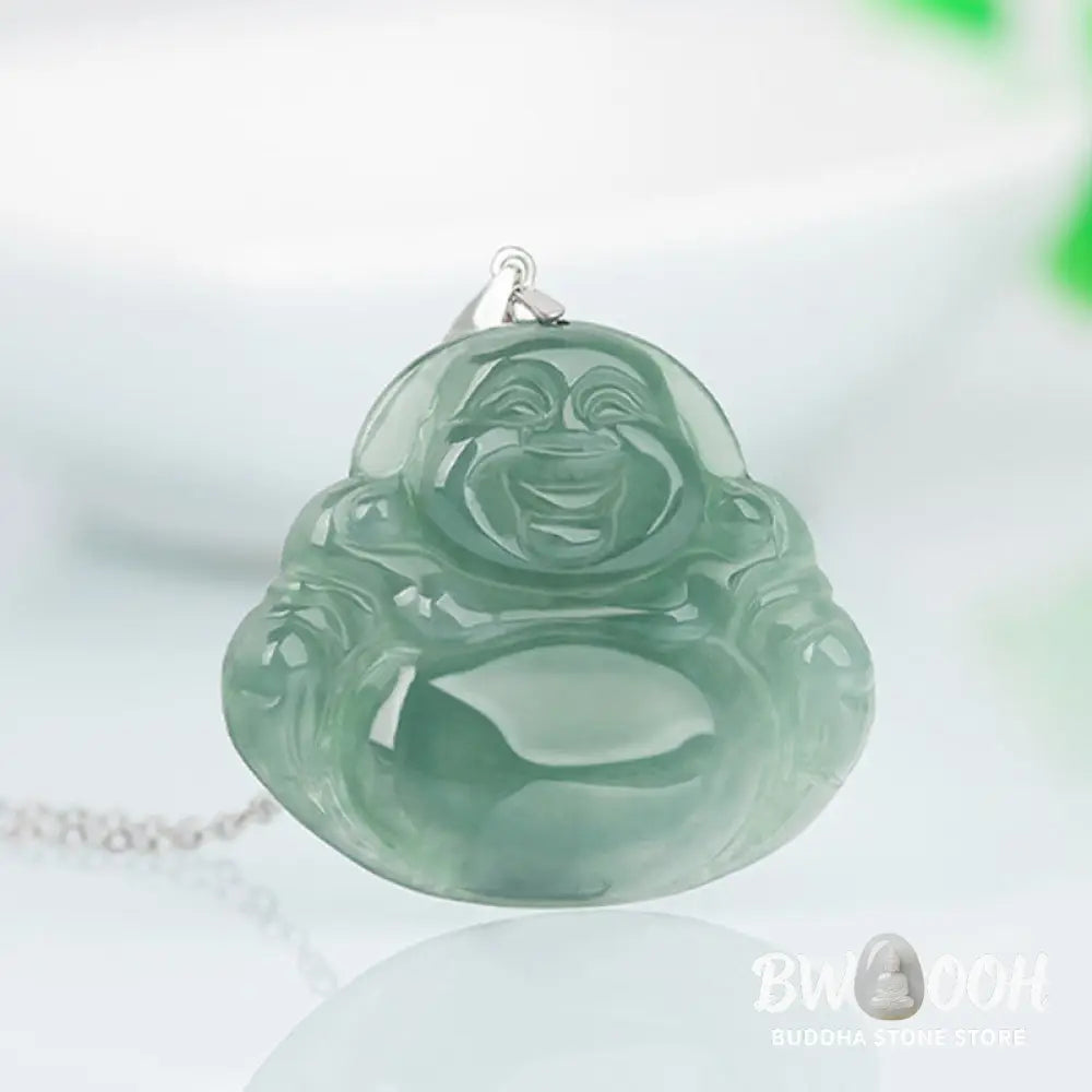 Buddha Stones Laughing Buddha Jade Protection Calm Titanium Steel Chain Necklace Pendant - BWOOOH - Jade - Necklaces &amp;