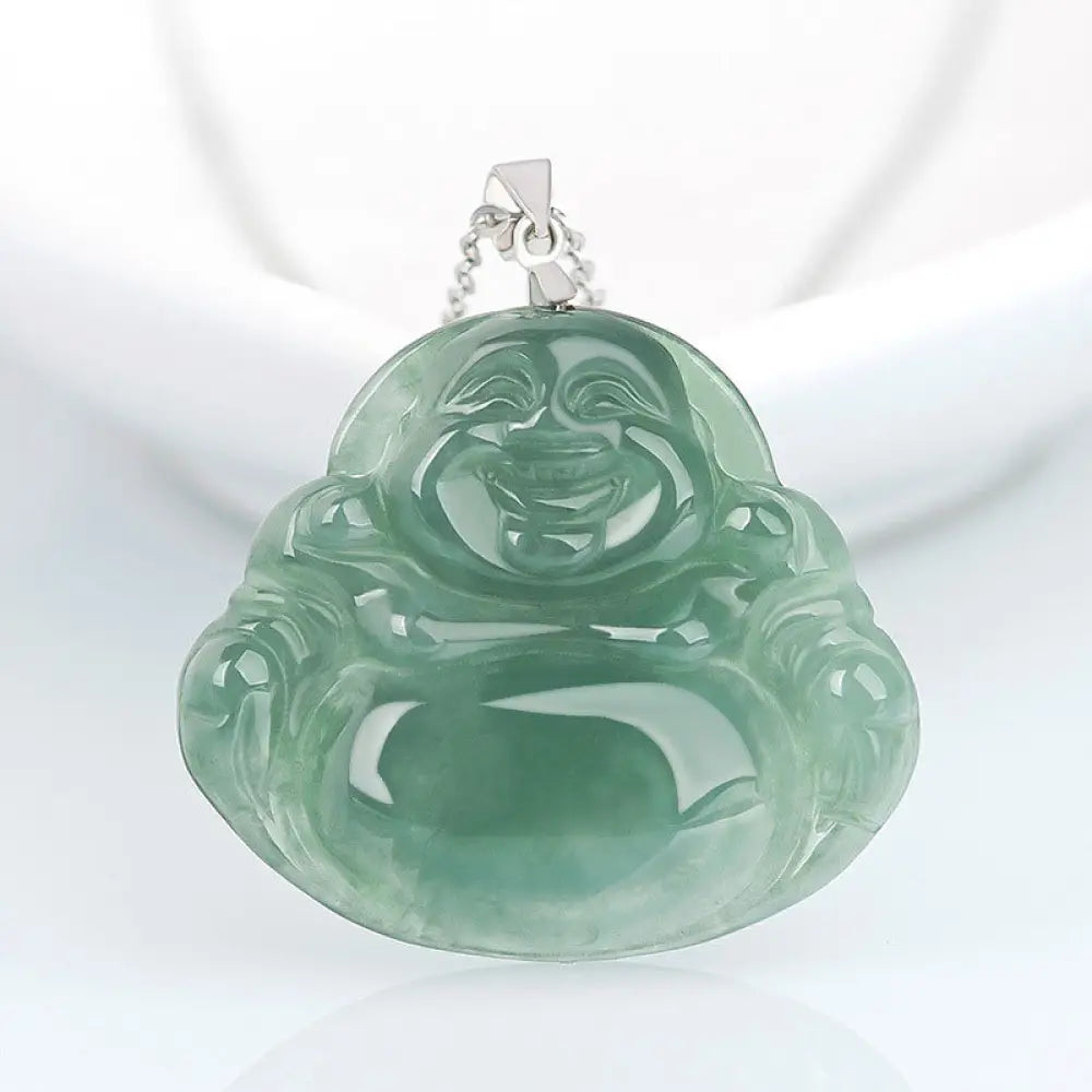 BWOOOH Laughing Buddha natural jade pendant with titanium steel chain necklace for protection and calm