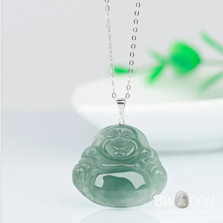 Buddha Stones Laughing Buddha Jade Protection Calm Titanium Steel Chain Necklace Pendant - BWOOOH - Jade - Necklaces &amp;