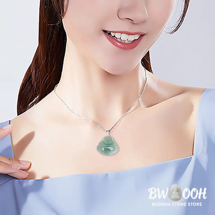 Buddha Stones Laughing Buddha Jade Protection Calm Titanium Steel Chain Necklace Pendant - BWOOOH - Jade - Necklaces &amp;