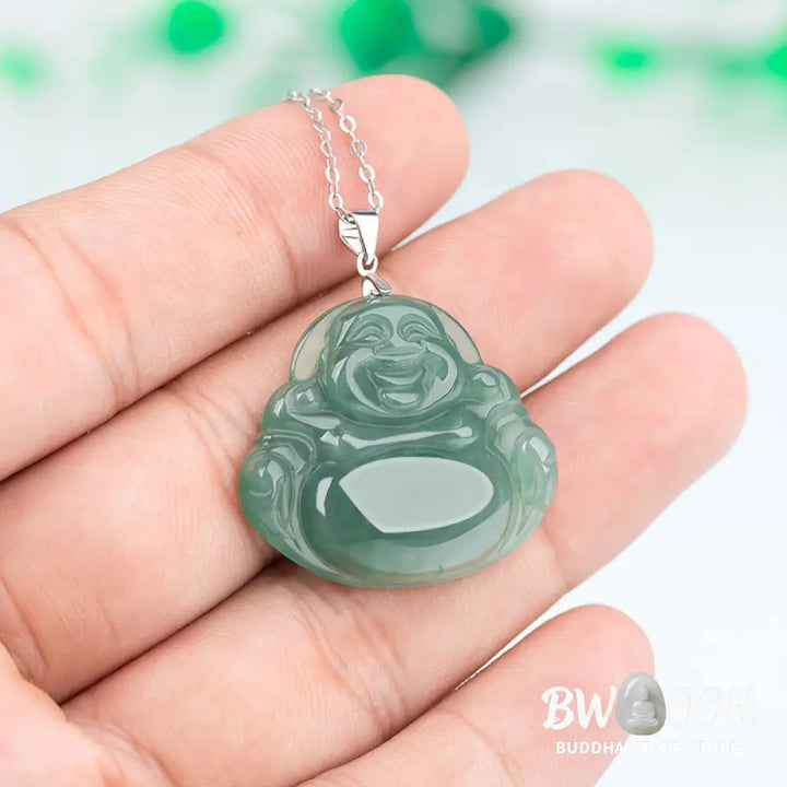 Buddha Stones Laughing Buddha Jade Protection Calm Titanium Steel Chain Necklace Pendant - BWOOOH - Jade - Necklaces &amp;