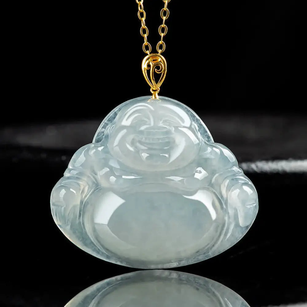 BWOOOH Laughing Buddha natural jade 18K gold abundance titanium steel chain necklace pendant